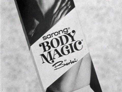 A black and white picture of packaging. It reads: 'Sarong Body Magic by Berlei'.