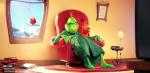Animation still from the film The Grinch showing a grumpy-looking green cartoon character sitting on a lounge chair in a living room.
