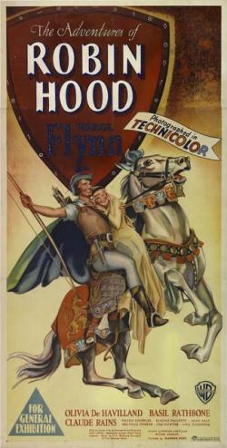 The Adventures of Robin Hood poster featuring Errol Fllynn and Olivia de Havilland on a rearing horse.