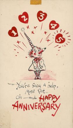 Red and black anniversary card with Mr Squiggle crowned by hearts and the numbers 1 to 5