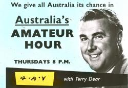 Advertisement for Australia's Amateur Hour with portrait photo of Terry Dear.