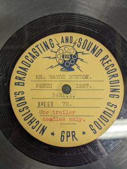 Label on a lacquer disc recording from a radio station in 1937.