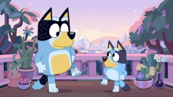 Animated still of two blue heeler dogs dancing in the twilight with the skyline of Brisbane City in the background.