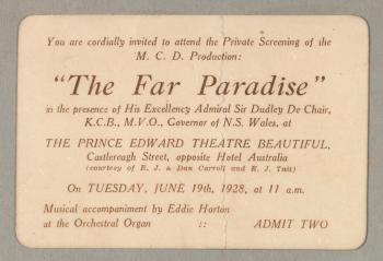 An invitation to a private screening of a film 'The Far Paradise' from 1928.