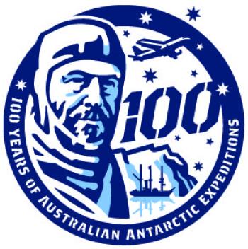 100 years of Australian Antarctic expeditions blue and white logo. Graphic of Douglas Mawson with a plane, boat and iceberg.