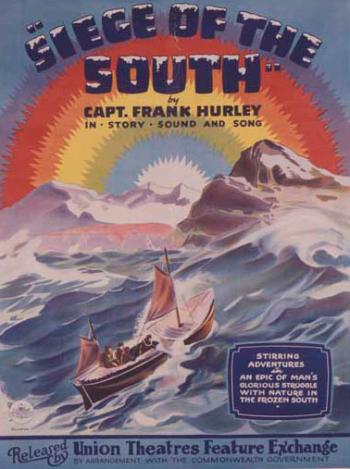 Brightly coloured poster for 'Siege of the South' shows a small boat in a rough sea with icebergs and a rainbow in the sky