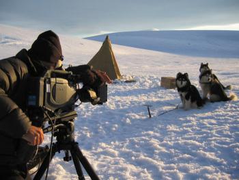 Cinematographer Wade Fairley filming husky dogs in the snow
