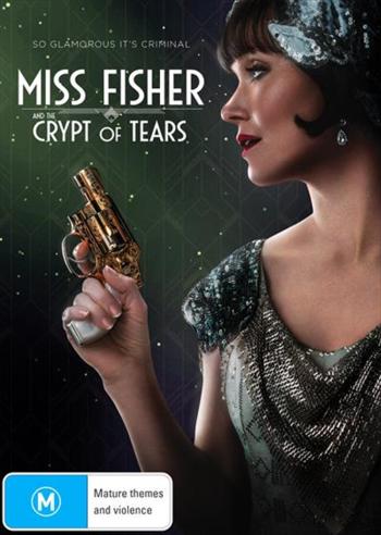 Miss Fisher Crypt of Tears poster featuring an elegant 1920s woman holding a golden pistol.