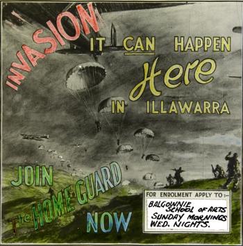 Glass cinema slide showing an announcement to join the homeguard and defend the Illawarra