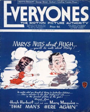 Cover of a film magazine showing a cartoon drawing of a woman chasing a man.