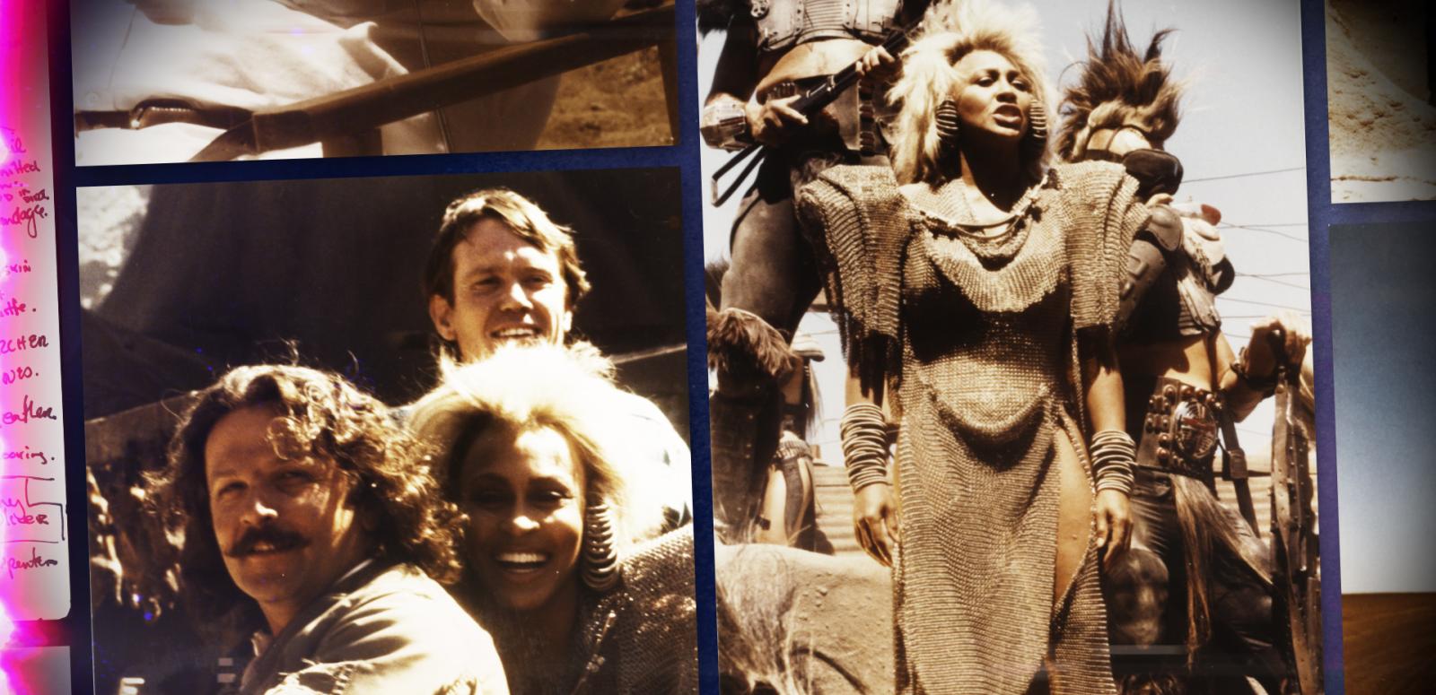 Images from the making of the movie Mad Max Beyond Thunderdome, featuring director George Miller and actress Tina Turner in costume as Aunty Entity