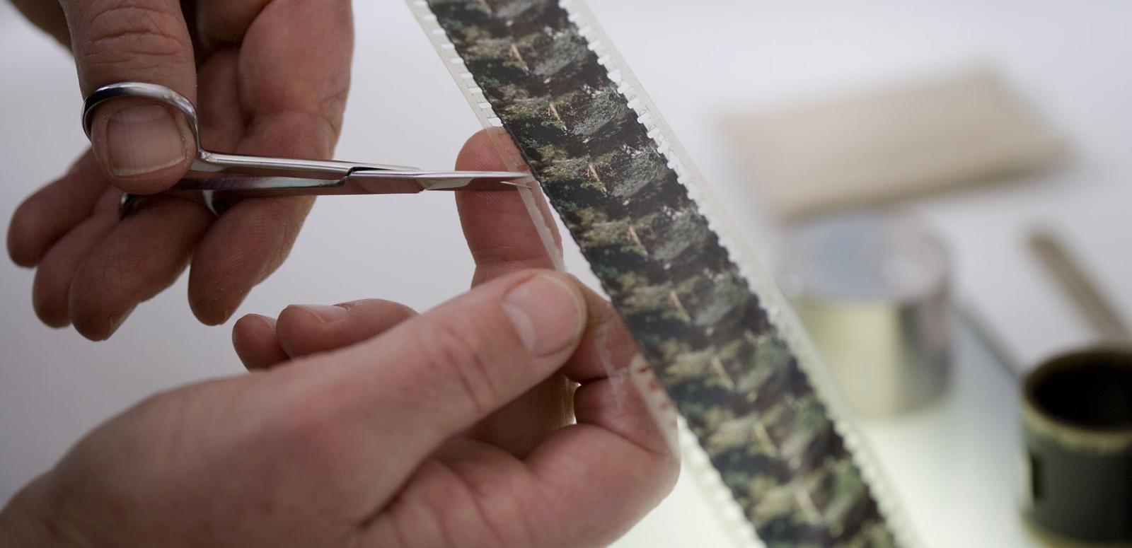 A photographic strip is being cut by a technician