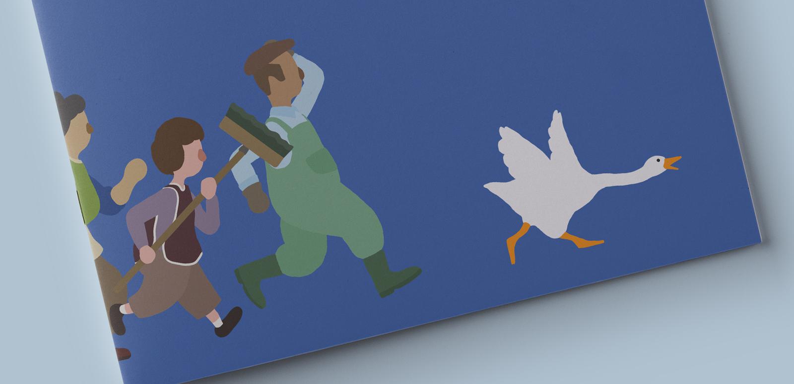 Detail of the Collection Policy cover showing characters running after a white goose in the Untitled Goose Game video game