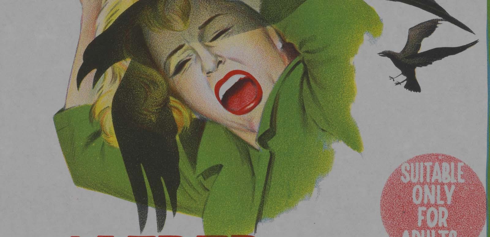 Detail from a film poster of The Birds, with an illustration of a woman screaming and covering her head while being menaced by crows