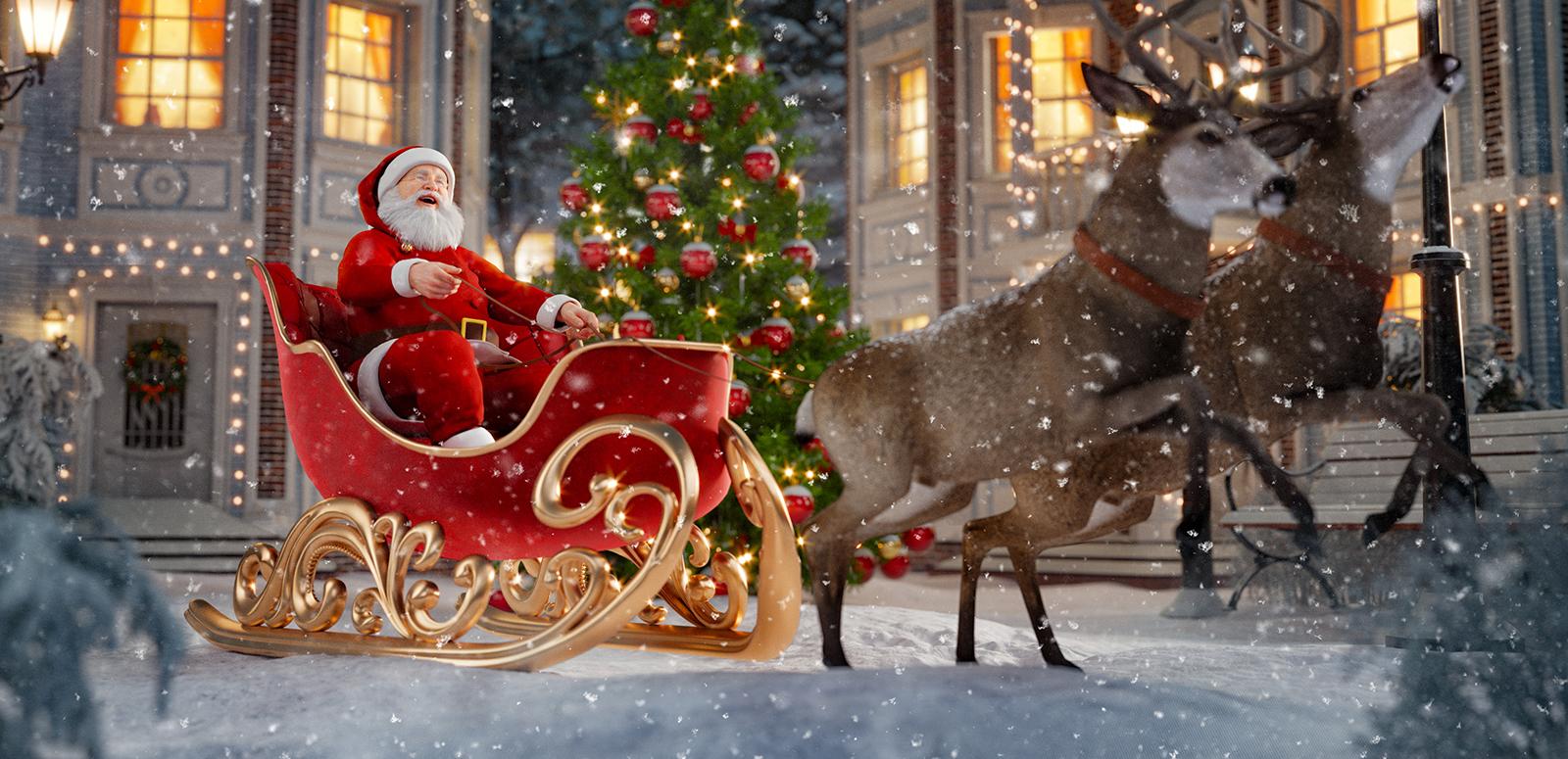 Santa Claus in a sleigh being pulled along by two reindeer in the snow.