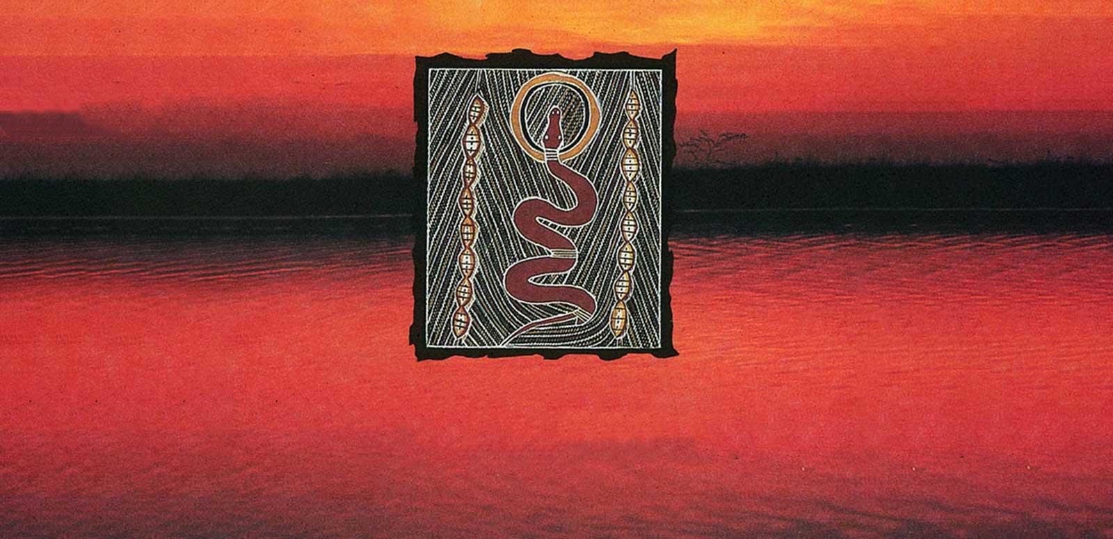 An Aboriginal drawing of a snake surrounded by symbols and a striped and dotted pattern against a red and black sunset