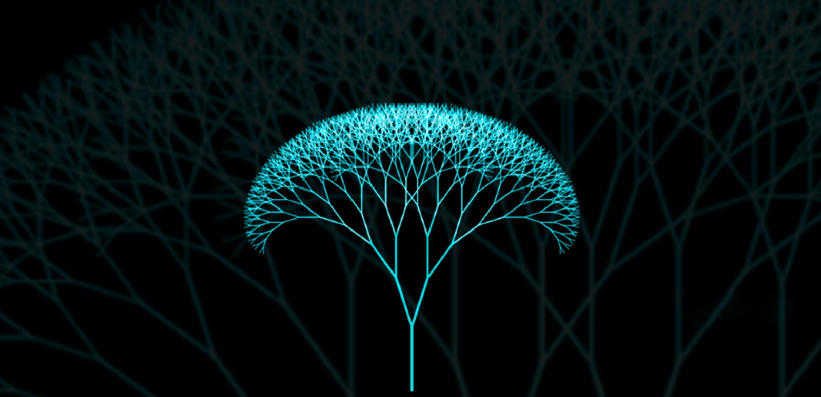 The Fantastic Futures conference logo featuring a green tree with branches lifting upwards and outwards against a black background