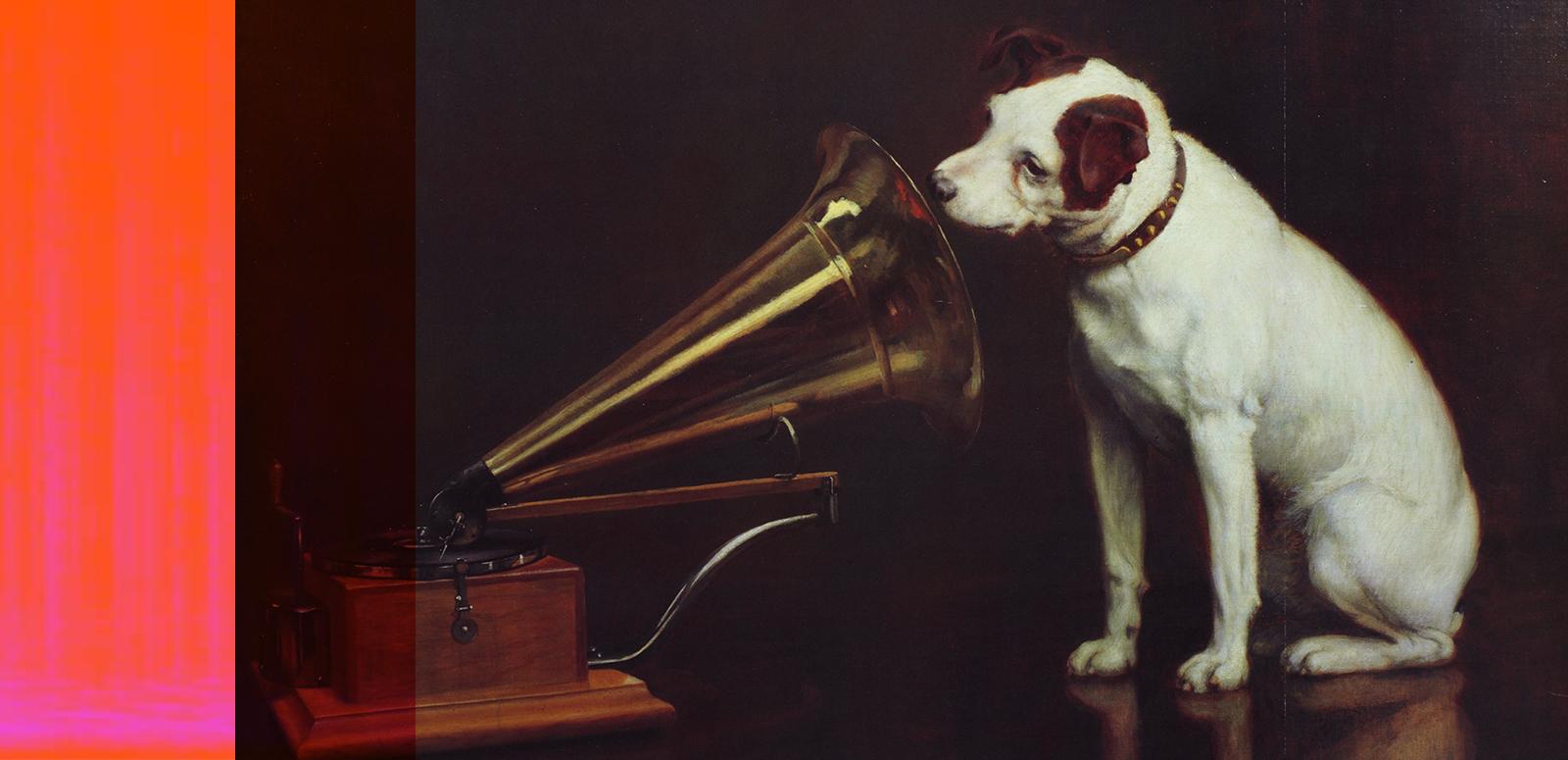 A painting of the mascot terrier Nipper listening to a gramophone