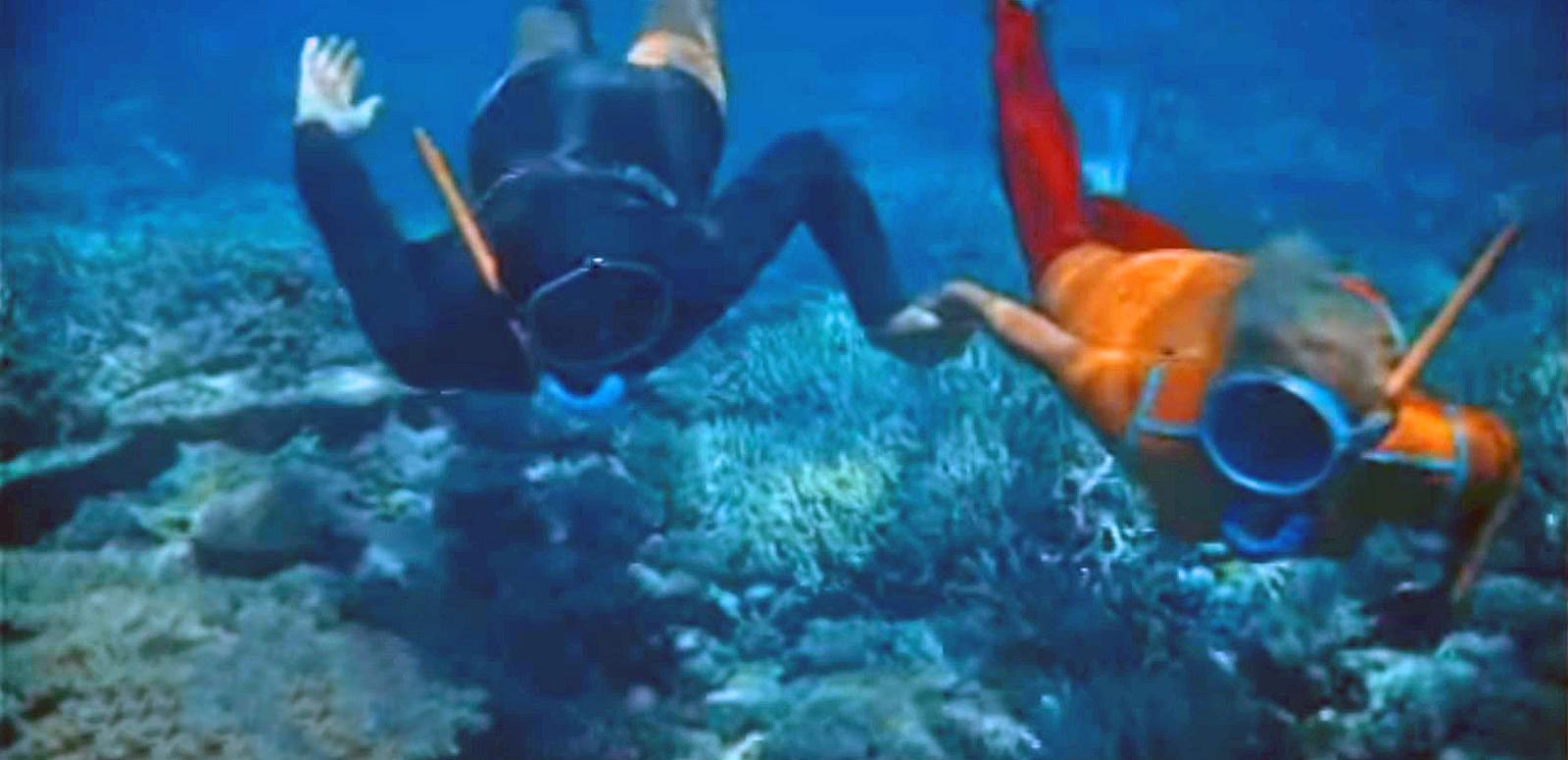 Frame capture of two people holding hands and snorkeling along a coral seabed.