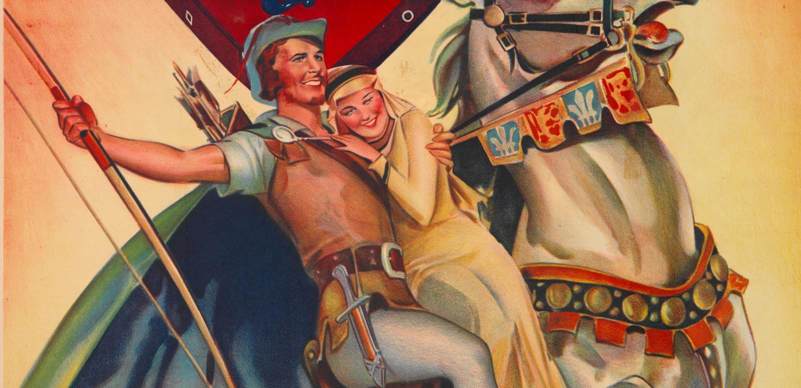 Close up of the poster for The Adventures of Robin Hood showing an illustration of Errol Flynn and Olivia de Havilland on a horse.