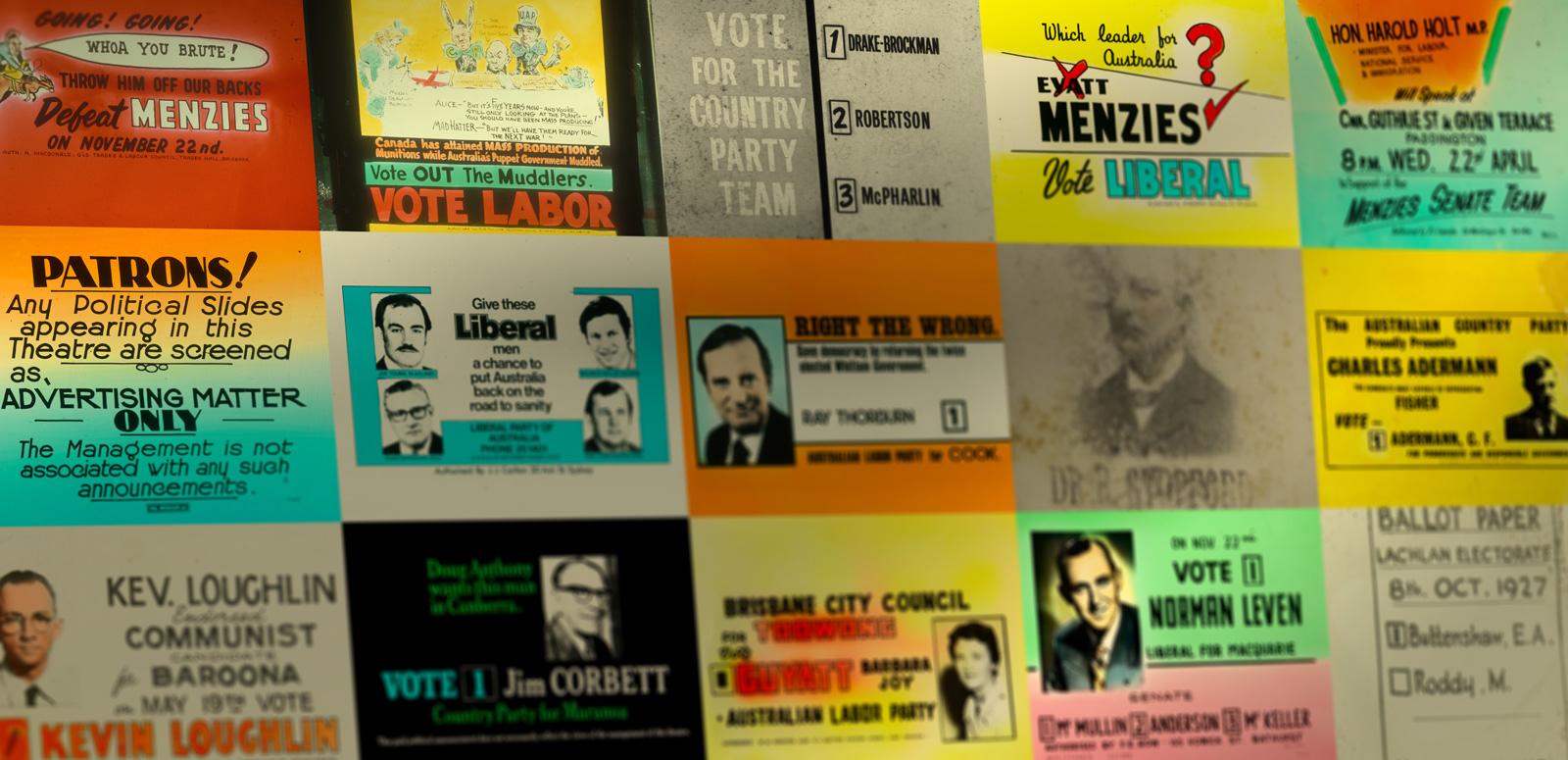A montage of colourful glass cinema slides advertising political candidates at elections