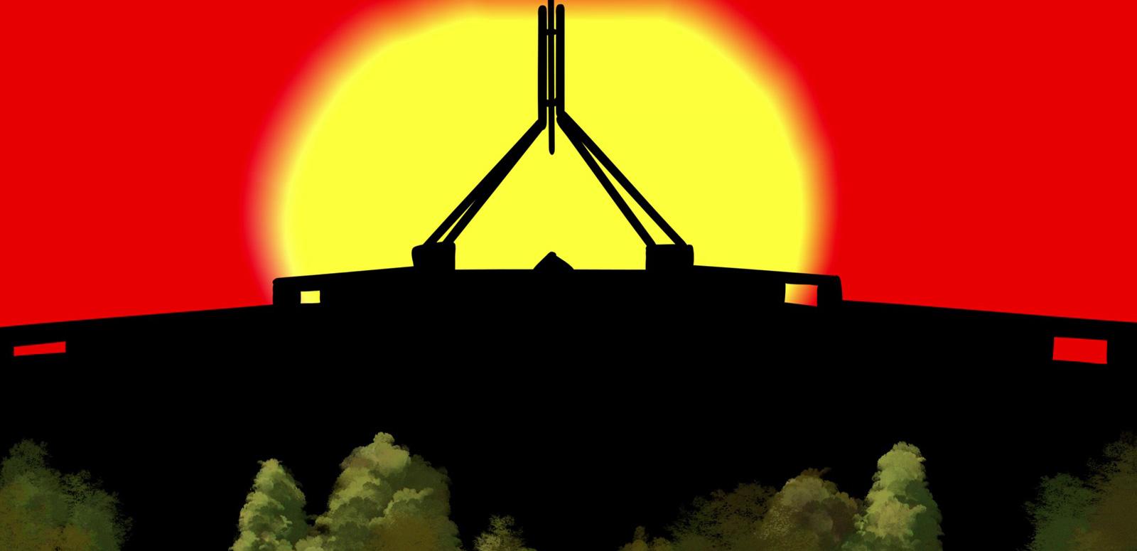 An animation cell showing a silhouette of Australia's parliament house in Canberra set against a background of a bright sun, red sky and black earth which is meant to represent the Aboriginal flag.