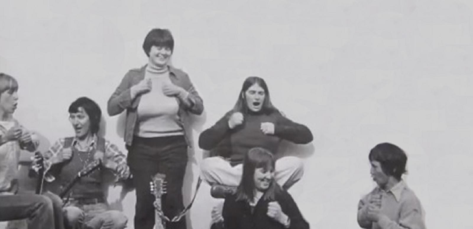 Six women posing for the cover of  The Ovarian Sisters' album. Black and white photo
