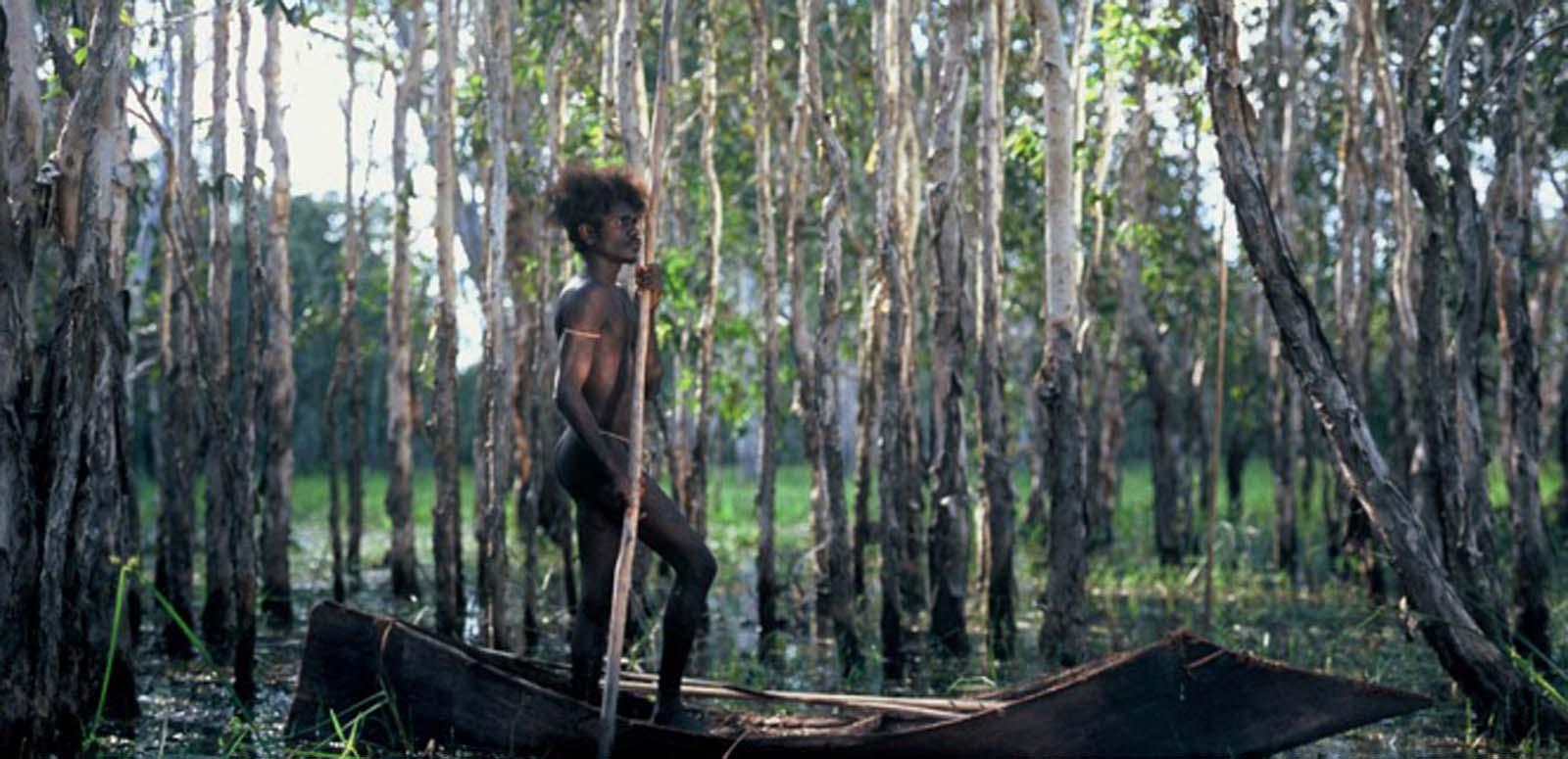 Jamie Gulpilil stands in a canoe in an Arnhem Land swamp
