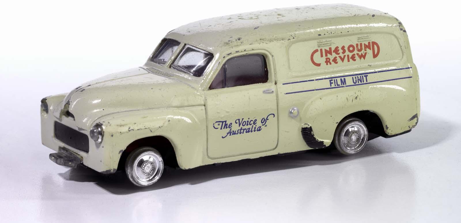 Die-cast scale model of a cream-coloured FJ Holden panel van used by Cinesound Review
