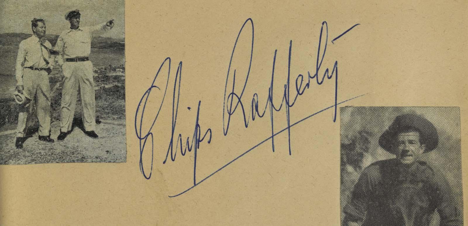 A page out of a 1950s autograph book with Chips Rafferty's signature and two small photos of him