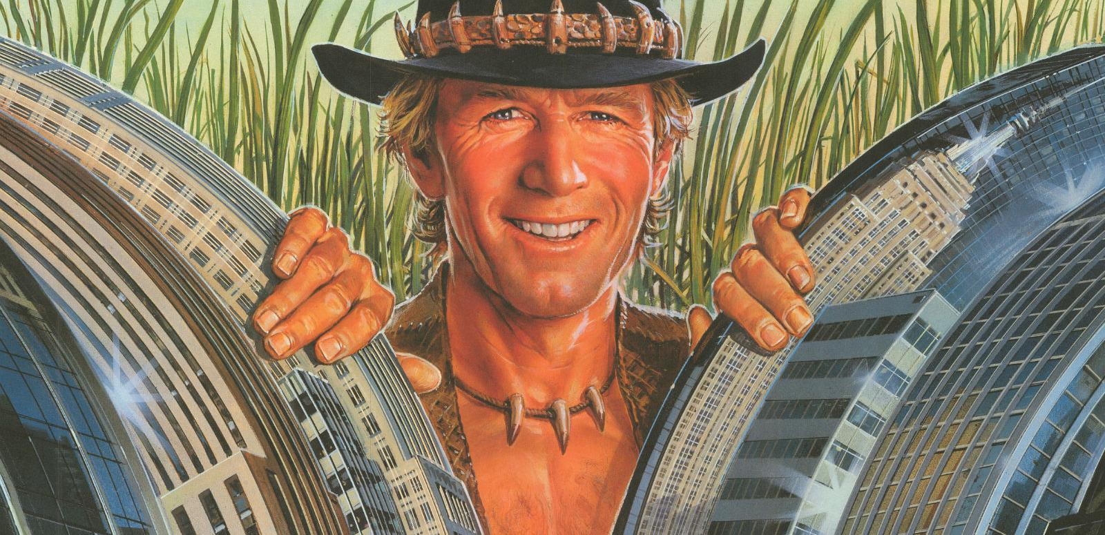 Cropped section of poster from Crocodile Dundee showing Paul Hogan smiling