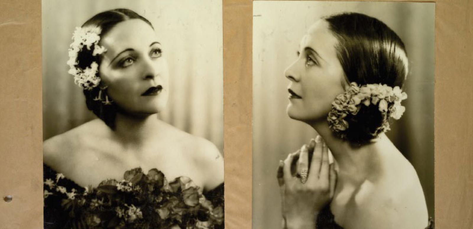 Double sepia head and shoulders portrait of a woman with flowers in her hair