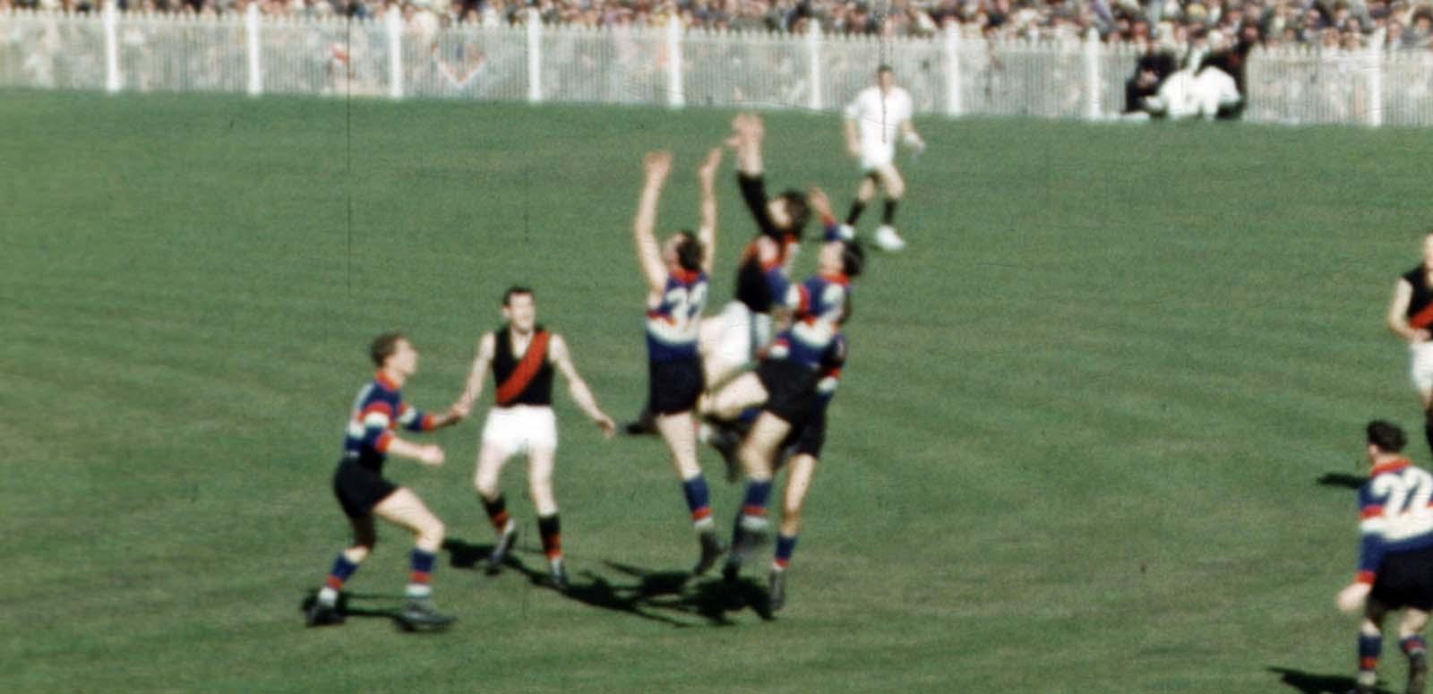 A 1953 AFL game in progress between Footscray and Essendon