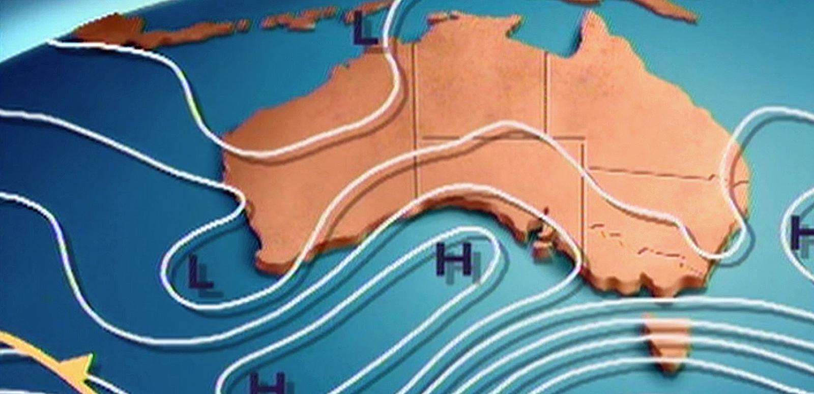 A weather map of Australia which has wavy lines and markers through it showing weather patterns.