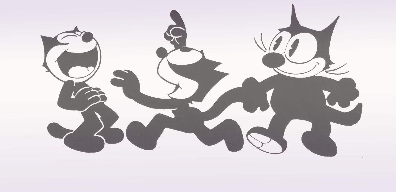 A set of three drawings of the cartoon character Felix the Cat in different poses.