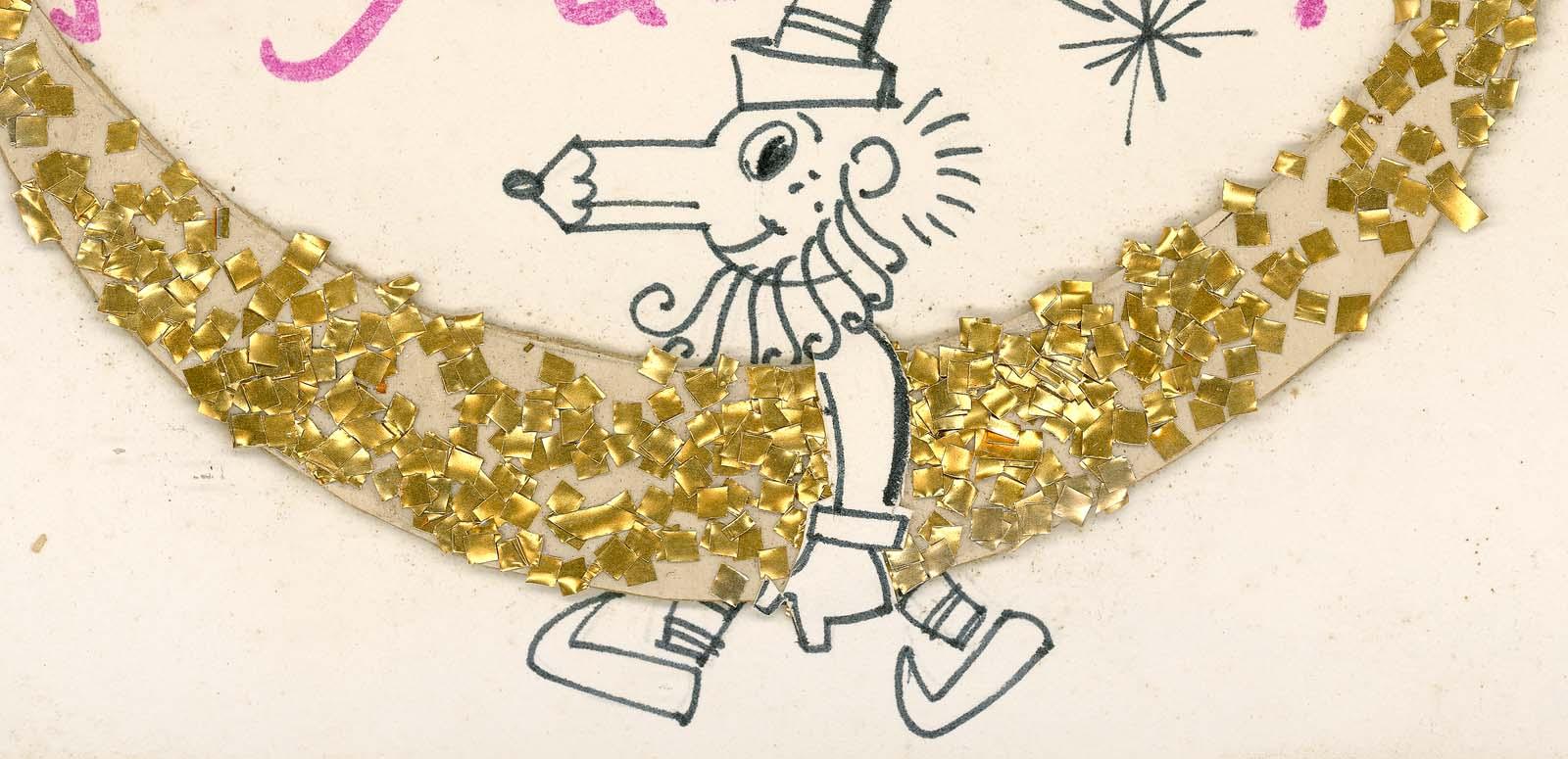 Detail from a hand-drawn Christmas card showing Mr Squiggle carrying a golden glittery moon