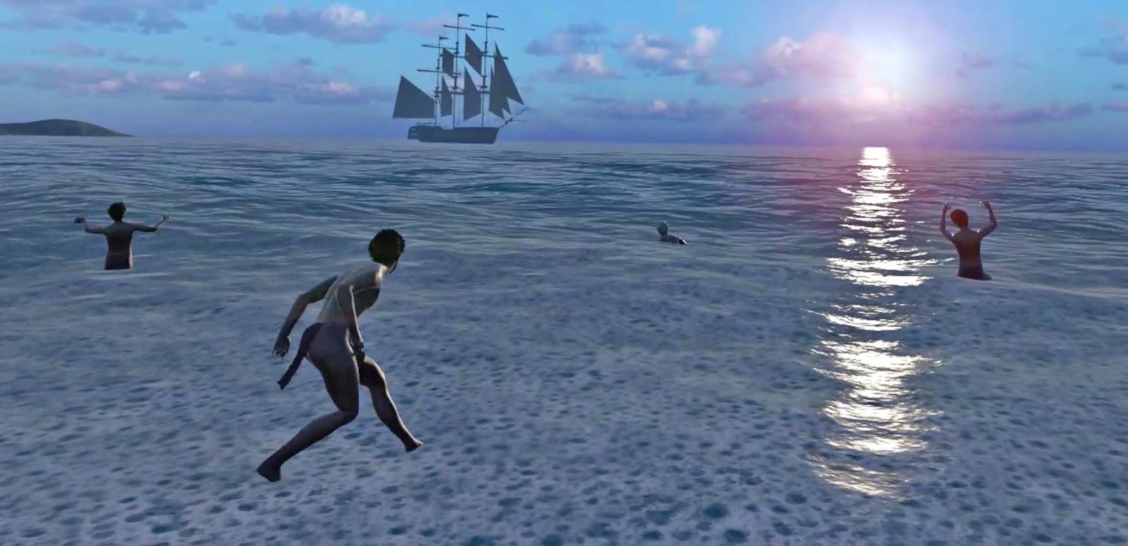 Still frame from virtual reality production Whadjuk showing Aboriginal men in the water and a ship on the horizon
