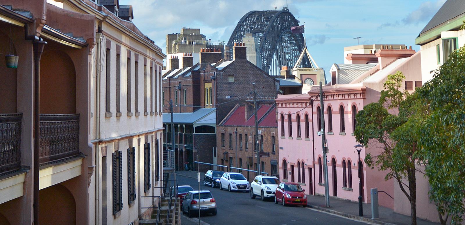 View of the top of Sydney Harbour bridge from the end Gloucester Street in The Rocks.