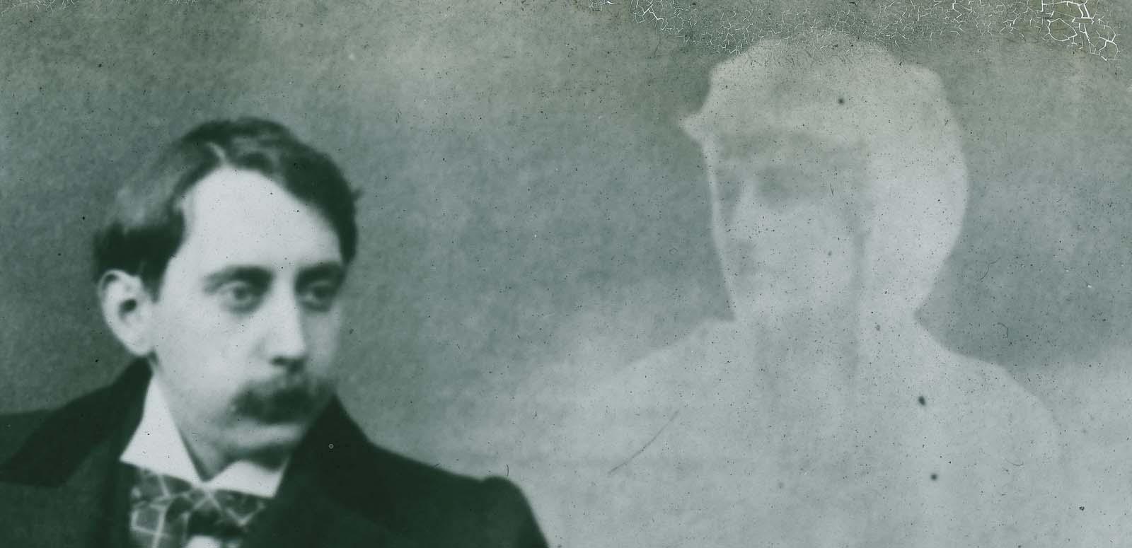 Details from a glass slide from 1870 purporting to show a young man with the spirit of a dead woman hovering at his shoulder