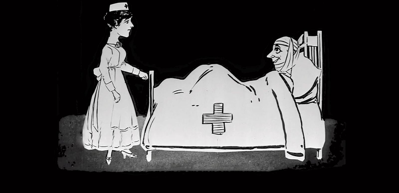Cartoon drawing of a soldier in a hospital bed with a nurse standing at the end of his bed.