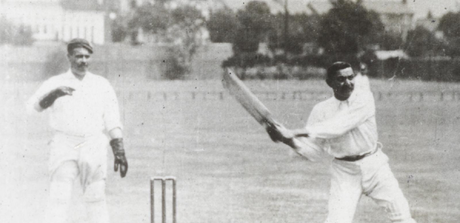 Black and white still of cricketers Ranji and C.B. Fry