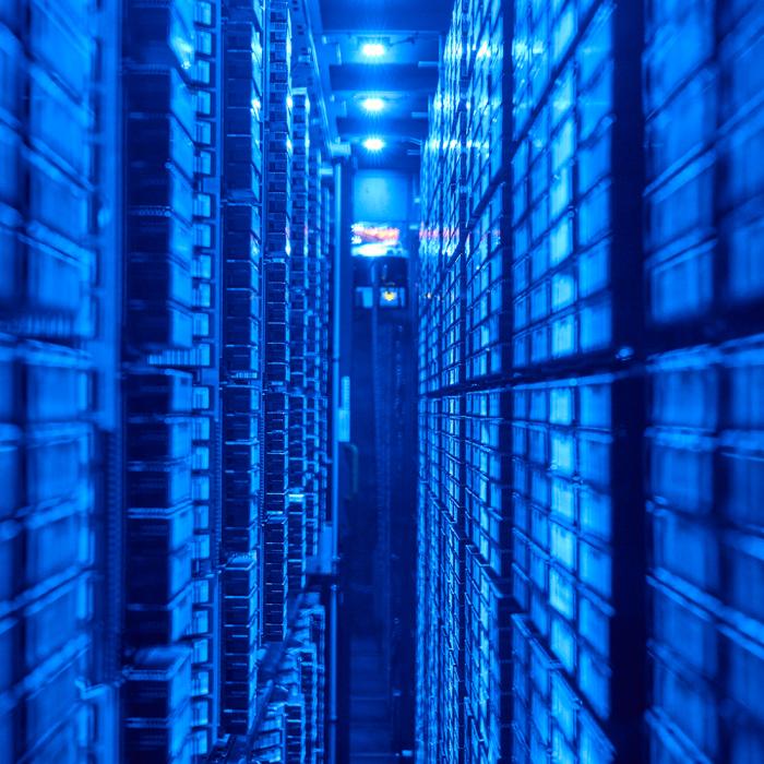 Server room with blue lighting