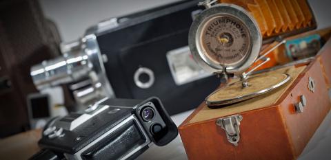 Close up of vintage cameras and sound equipment