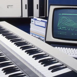 The Fairlight sampling synthesizer showing keyboard and user display monitor.
