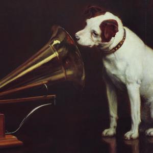 A painting of the mascot terrier Nipper listening to a gramophone