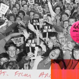 collage of images showing teenagers holding signs and cheering, a record label and handwriting.
