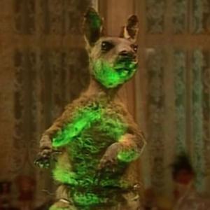 A taxidermied angaroo illuminated by lime green light