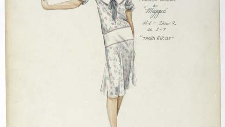 ORIGINAL COSTUME DESIGN DEPICTING A WHITE DROP-WAISTED DRESS WITH A PINK AND TEAL PATTERN WORN BY RACHEL WARD 