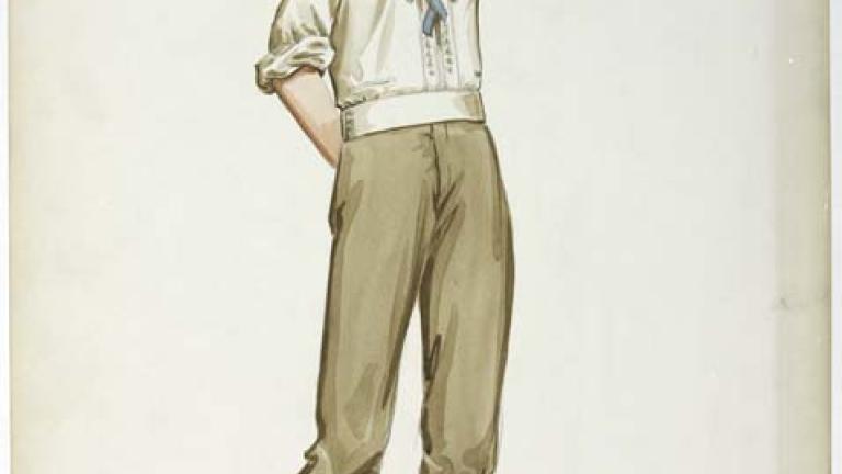 ORIGINAL COSTUME DESIGN DEPICTING A CREAM COLOURED BLOUSE WITH A BLUE BOW, A BROWN PAIR OF TROUSERS AND A PAIR OF BROWN LACE UP BOOTS WORN BY RACHEL WARD