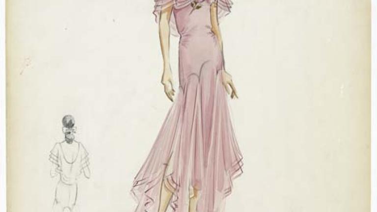 ORIGINAL COSTUME DESIGN DEPICTING A ROSE COLOURED BIAS CUT GOWN WITH A PINK CORSAGE PINNED TO THE LEFT SHOULDER WORN BY RACHEL WARD